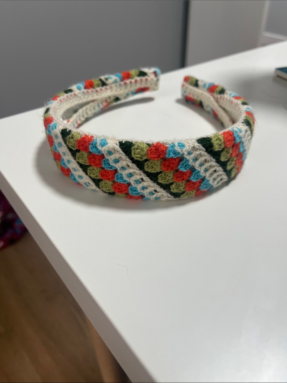Handcrafted Crochet Headband in Cream, Green, Coral & Blue